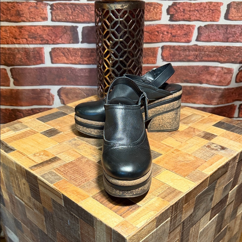 👡 Free People Platform Slingback Leather Cork Clogs — Black — Sz 39 (8.5) - Picture 2 of 10